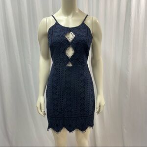 Storia Navy Blue Lace Mini Dress w/ Diamond Cutouts & Eyelash Trim - Size M